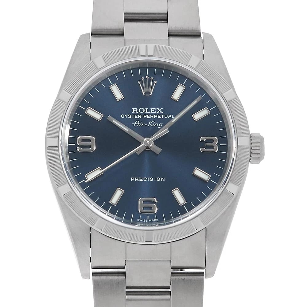 ROLEX AIR KING BLUE WHITE WATCH: ROLEX Air king blue white Watch Brand: ROLEX Type/Style: Wrist watch Material: Band Material Stainless Steel, Case Material Stainless Steel Color: Dial Color Blue Size: Case:W34mm Circumference of Wri
