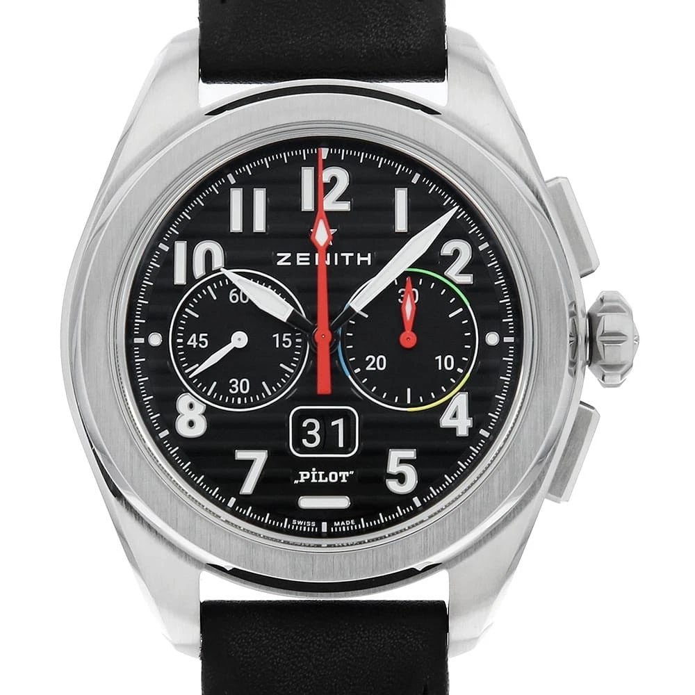 ZENITH PILOT BIG DATE FLYBACK WATCH: ZENITH Pilot Big Date Flyback Watch Brand: ZENITH Type/Style: Wrist watch Material: Band Material Calfskin, Case Material Stainless Steel Color: Dial Color Black Size: Case:W42mm Accessories: None