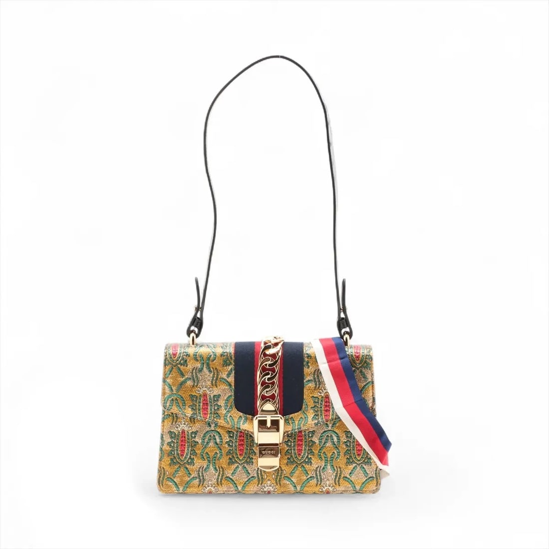 GUCCI SYLVIE FABRIC 2 WAY SHOULDER BAG: Gucci Sylvie Fabric 2 Way Shoulder Bag Brand: Gucci Type/Style: Shoulder Bag Material: Fabric Color: Gold Size: Height:6.7inchLength:10.2inchDepth:3.0inch Accessories: None Accessories Not