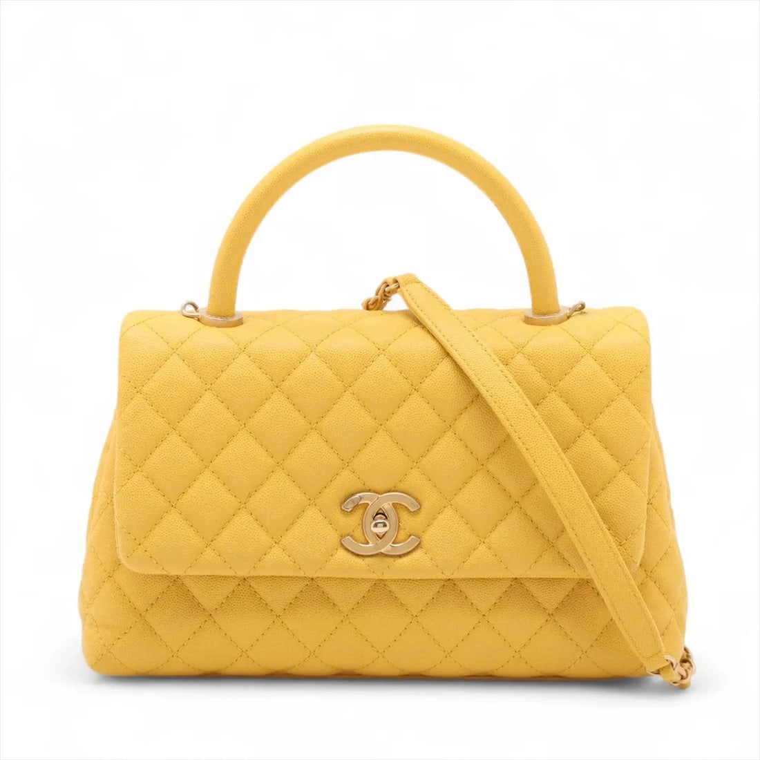CHANEL COCO HANDLE HANDBAG: Chanel Coco handle Handbag Brand: Chanel Type/Style: Top Handle Bag Material: Caviar Skin Color: Yellow Size: Height:6.9inchLength:11.2inchDepth:4.1inch Accessories: None Accessories Notic