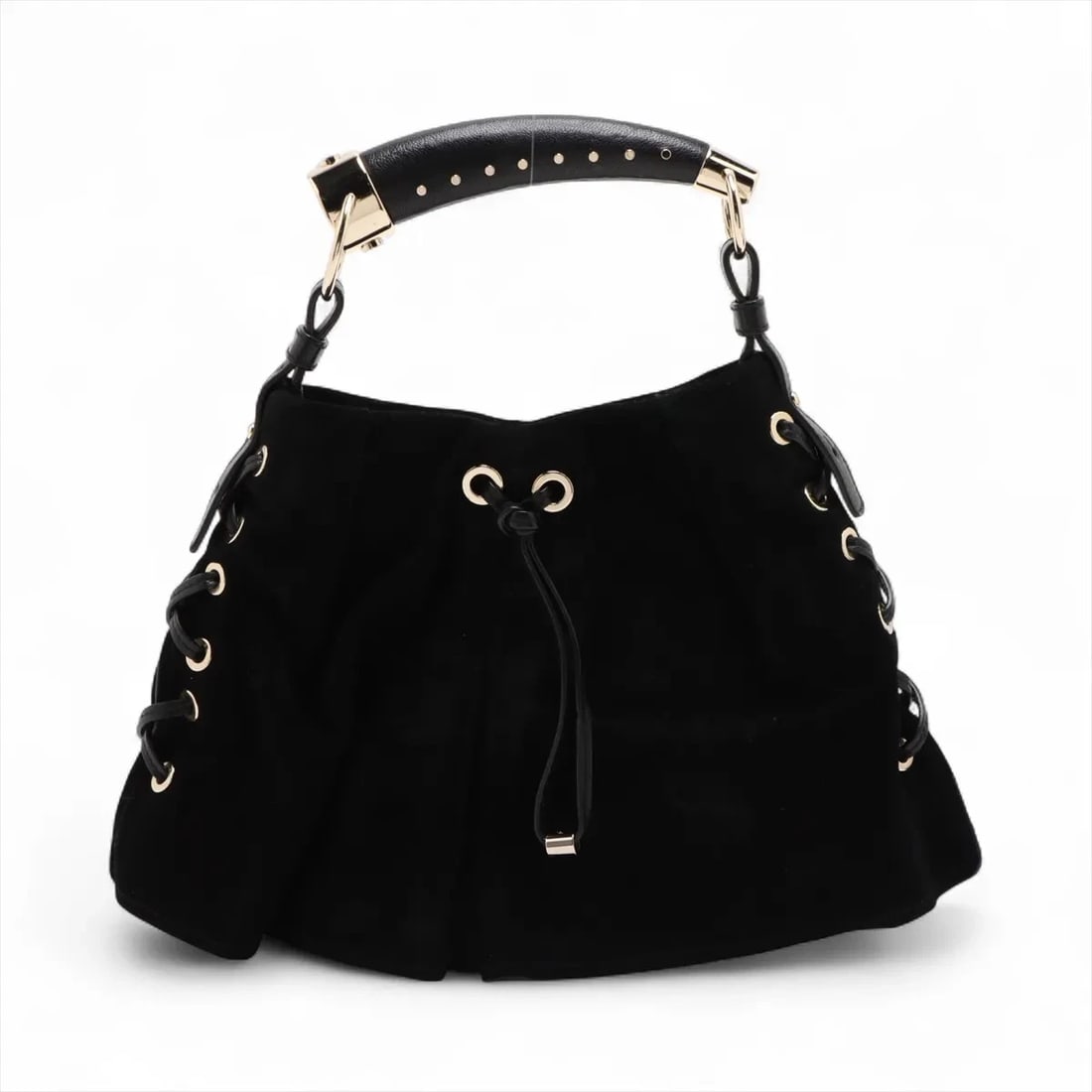 YVES SAINT-LAURENT MOMBASA SUEDE & LEATHER HAND BAG: Yves Saint-Laurent Mombasa Suede & Leather Hand bag Brand: Yves Saint-Laurent Type/Style: Top Handle Bag Material: Suede & Leather Color: Black Size: Height:8.3inchLength:8.3inchDepth:1.8inch Acce