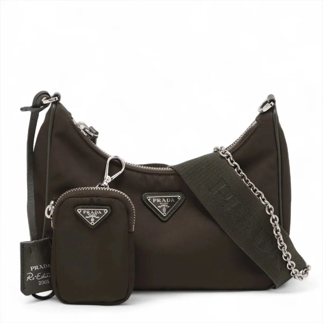 PRADA TESSUTO NYLON X LEATHER SHOULDER BAG: Prada Tessuto nylon x leather Shoulder Bag Brand: Prada Type/Style: Shoulder Bag Material: Nylon & Leather Color: Green Size: Height:6.3inchLength:8.5inchDepth:2.4inch Accessories: None Accessories
