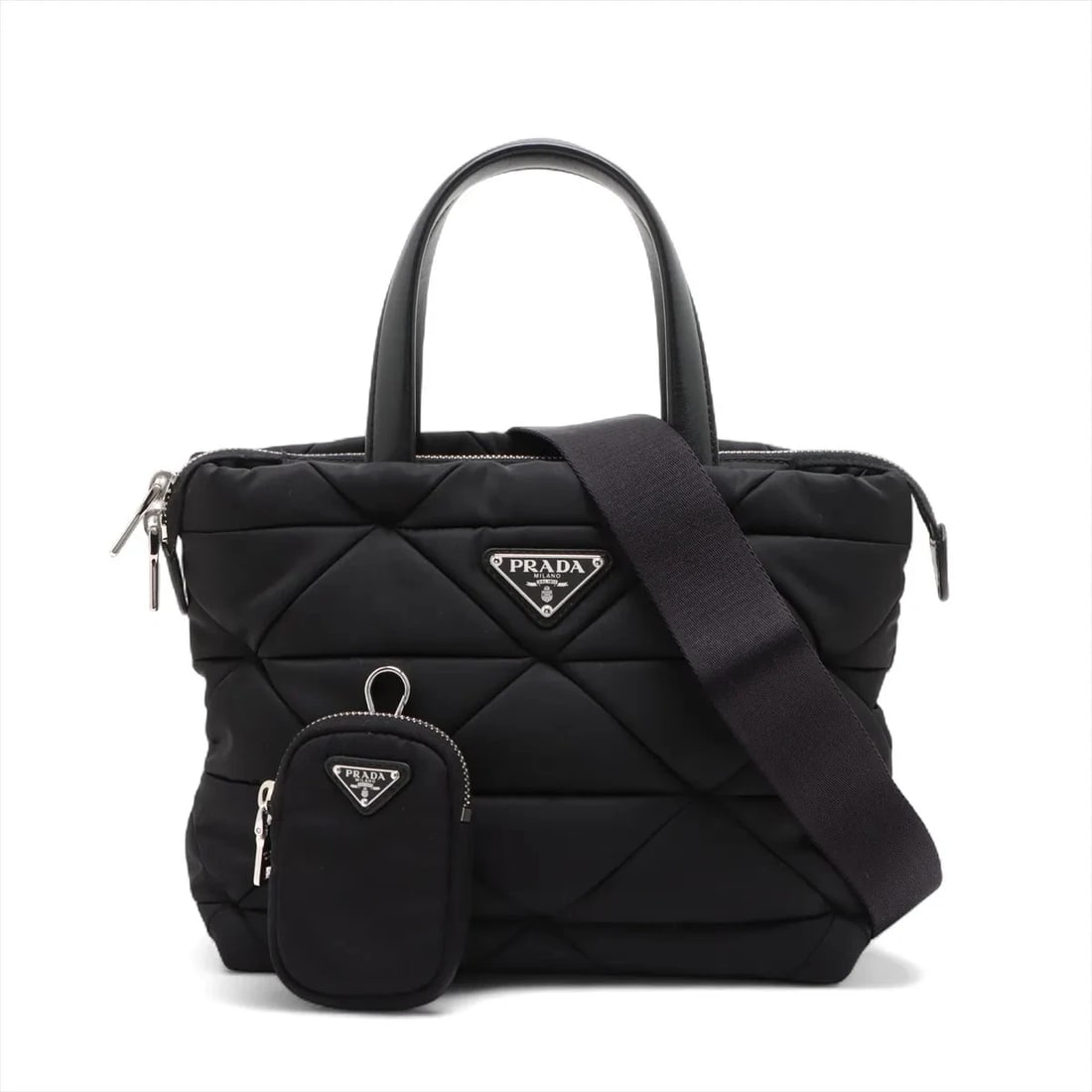 PRADA TESSUTO QUILTING NYLON & LEATHER HANDBAG: Prada Tessuto quilting Nylon & Leather Handbag Brand: Prada Type/Style: Top Handle Bag Material: Nylon & Leather Color: Black Size: Height:7.3inchLength:8.9inchDepth:5.1inch Accessories: None