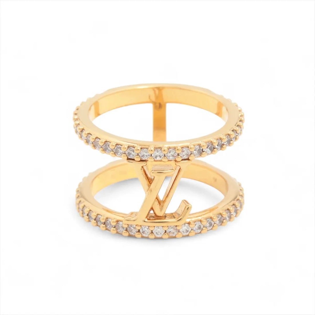 LOUIS VUITTON RING M GP?RHINESTONE GOLD: Louis Vuitton Ring M GP?Rhinestone Gold Brand: Louis Vuitton Type/Style: Ring Material: GP, Color: Rhinestone Gold Size: 6.25 - 6.5 US Accessories: None Accessories Notice: When purchasing pre-owned