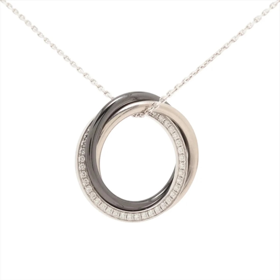 CARTIER TRINITY DIAMOND NECKLACE 750 (WG) X PD950 X CERAMIC: Cartier Trinity diamond Necklace 750 (WG) x Pd950 x ceramic Brand: Cartier Type/Style: Necklace Material: 750 (WG) x Pd950 x ceramic, Color: WG,Silver Size: Size(CM) Chain length:45.4 Accessories: