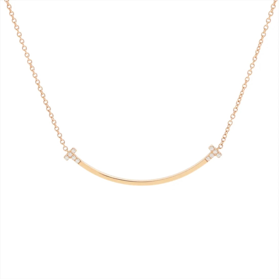 TIFFANY T SMILE SMALL DIAMOND NECKLACE 750(PG): Tiffany T Smile Small diamond Necklace 750(PG) Brand: Tiffany Type/Style: Necklace Material: 750(PG), Color: Pink Gold Size: Size(CM) Chain length:45.4 Accessories: None Accessories Notice: When