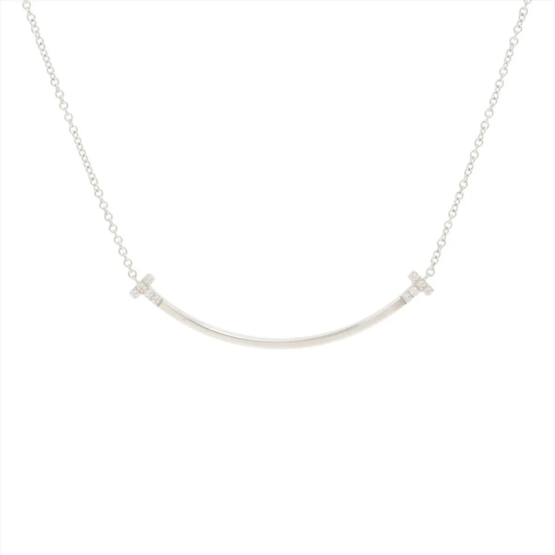TIFFANY T SMILE SMALL DIAMOND NECKLACE 750(WG): Tiffany T Smile Small diamond Necklace 750(WG) Brand: Tiffany Type/Style: Necklace Material: 750(WG), Color: White Gold Size: Size(CM) Chain length:45.5 Accessories: None Accessories Notice: When