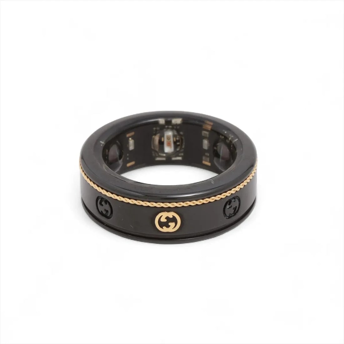 GUCCI X AURA RING TITANIUM BLACK: Gucci x Aura Ring Titanium Black Brand: Gucci x Aura Type/Style: Ring Material: Titanium, Color: Black Size: 4.75 - 5 US Accessories: None Accessories Notice: When purchasing pre-owned goo