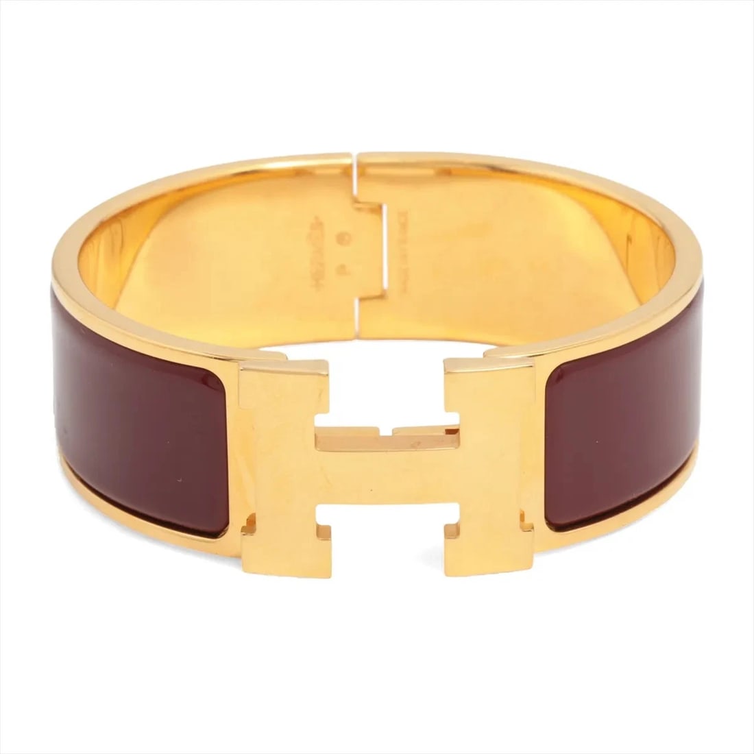HERMES CLIC CLAC H BANGLE BRACELET GP?ENAMEL BORDEAUX X GOLD: Hermes Clic Clac H Bangle Bracelet GP?Enamel Bordeaux x gold Brand: Hermes Type/Style: Bracelet Material: GPxEnamel, Color: Bordeaux x gold Size: Size(CM) Bracelet length:15.5 Accessories: None