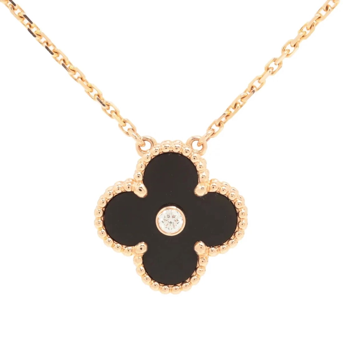 VAN CLEEF & ARPELS ALHAMBRA ONYX DIAMOND NECKLACE 750(PG): Van Cleef & Arpels Alhambra Onyx diamond Necklace 750(PG) Brand: Van Cleef & Arpels Type/Style: Necklace Material: 750(PG), Color: Pink Gold Size: Size(CM) Chain length:42 Accessories: None