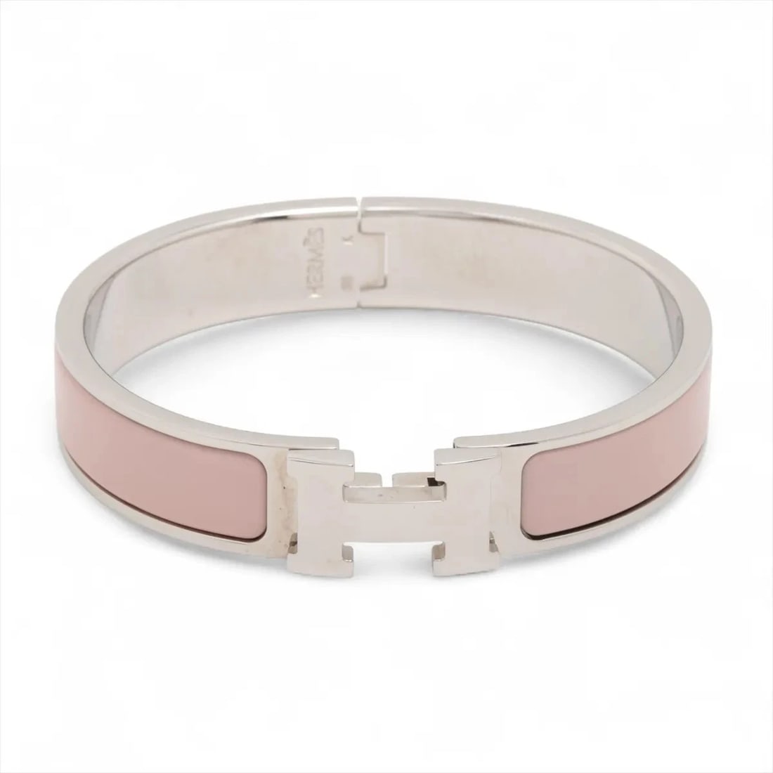 HERMES CLICK H FAN BANGLE GP SILVER?PINK: Hermes Click H fan Bangle GP Silver?Pink Brand: Hermes Type/Style: Bracelet Material: GP, Color: Silver?Pink Size: Size(CM) Bracelet length:14.5 Accessories: None Accessories Notice: When