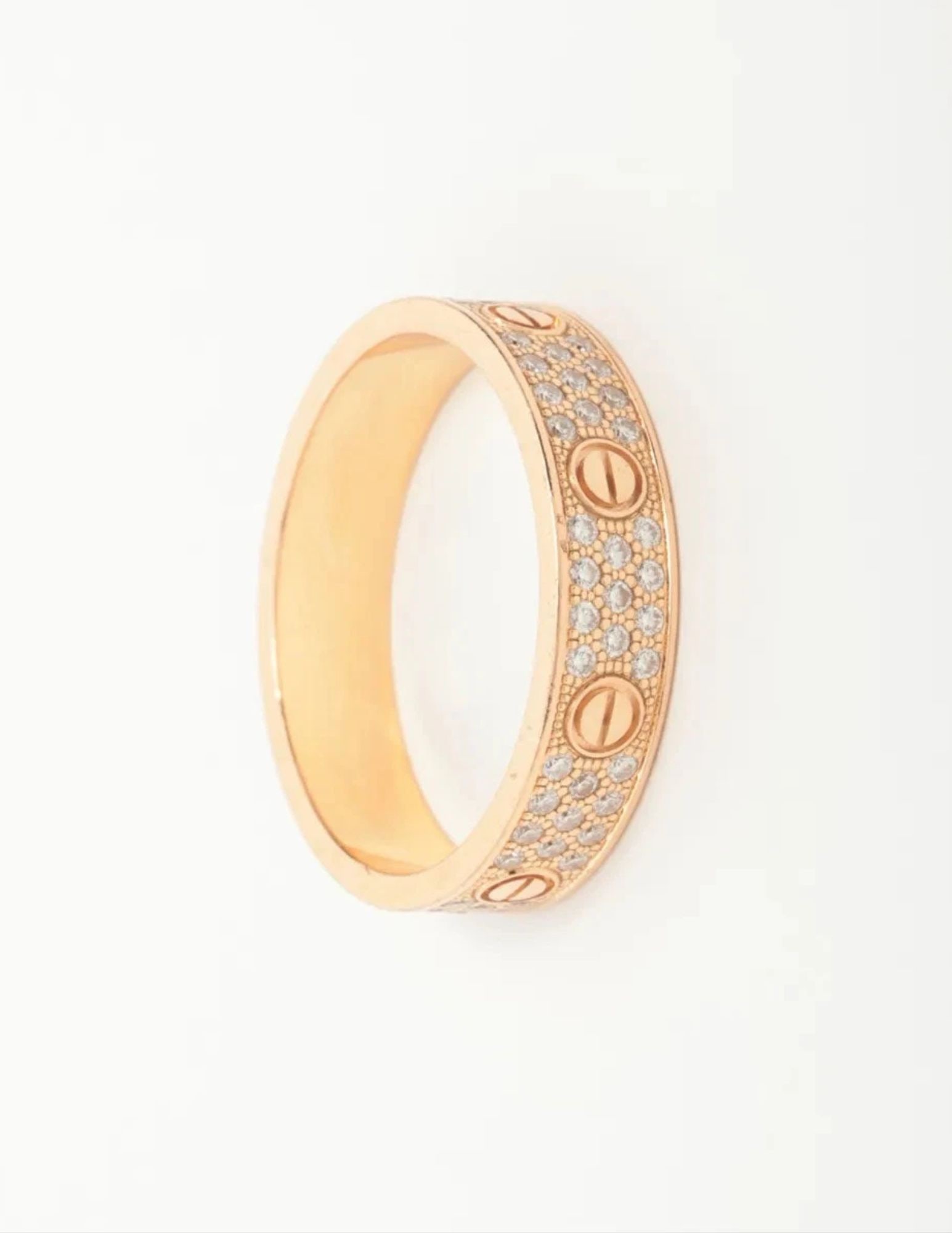 CARTIER LOVE SM PAVE DIAMOND RING 750(PG): Cartier Love SM Pave diamond Ring 750(PG) Brand: Cartier Type/Style: Ring Material: 750(PG), Color: pink Gold Size: 8 - 8.25 Accessories: None Accessories Notice: When purchasing pre-owned
