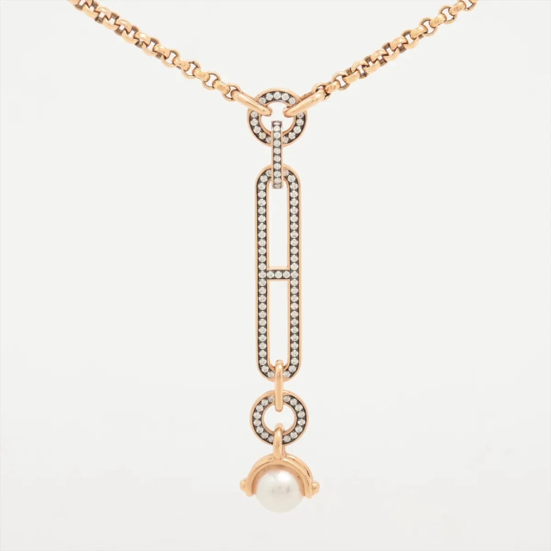 HERMES DIAMOND PEARL NECKLACE 750(PG): Hermes diamond Pearl Necklace 750(PG) Brand: Hermes Type/Style: Necklace Material: 750(PG), Color: pink Gold Size: Size(CM) Chain length:40.8 Accessories: None Accessories Notice: When pur