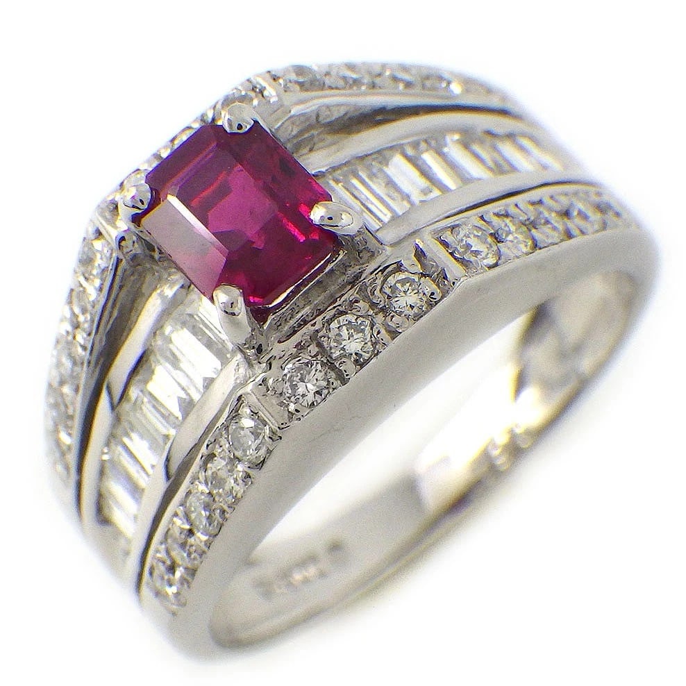 FINE JEWELRY RING EMERALD CUT RUBY DIAMOND PT900: Fine Jewelry Ring Emerald Cut Ruby Diamond PT900 Brand: Fine Jewelry Type/Style: Ring Material: PT900 Platinum, Main Stone Ruby Color: Silver Size: US5.25 Accessories: None Accessories Not
