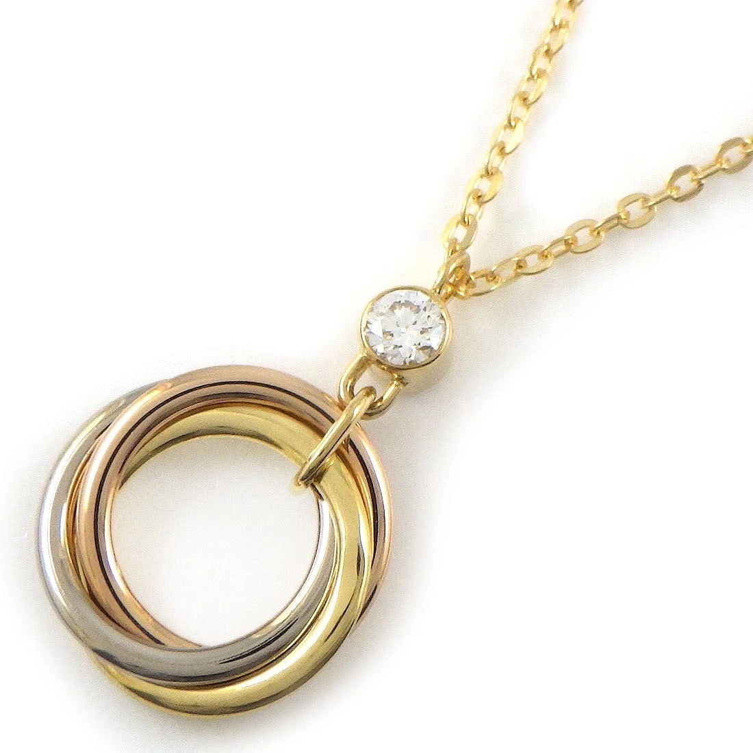 CARTIER NECKLACE DIAMOND 750(18K) THREE-COLOR GOLD: Cartier Necklace Diamond 750(18K) Three-Color Gold Brand: Cartier Type/Style: Necklace Material: 750(18K) Three-Color Gold, Main Stone Natural Color: None Size: Chain Length : 15.55" & 17.12"(inches) 