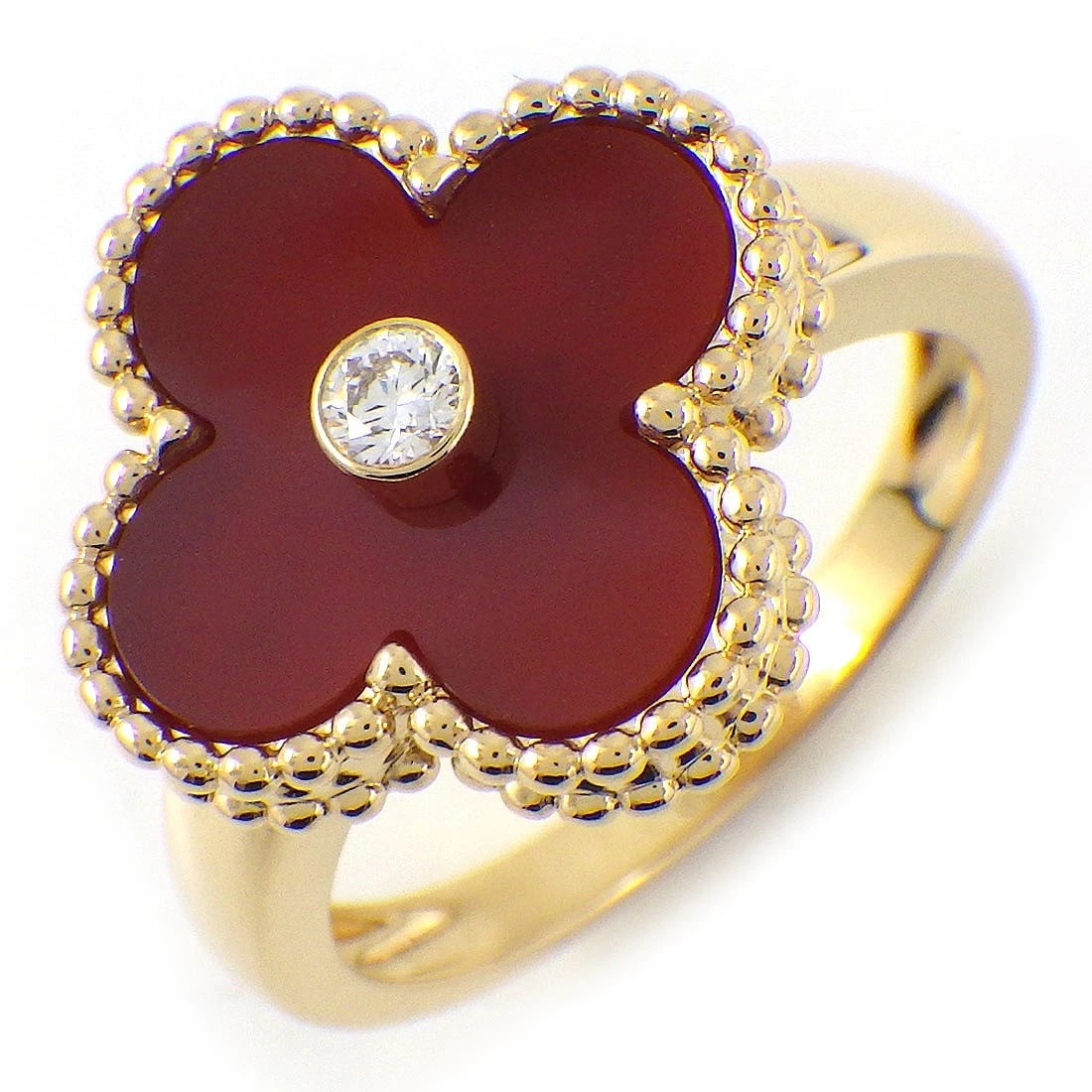 VAN CLEEF & ARPELS RING ALHAMBRA CARNELIAN DIAMOND 750YG: Van Cleef & Arpels Ring Alhambra Carnelian Diamond 750YG Brand: Van Cleef & Arpels Type/Style: Ring Material: 750(18K) Yellow Gold, Main Stone Carnelian Color: Yellow Gold Size: US5.5 Accessories: