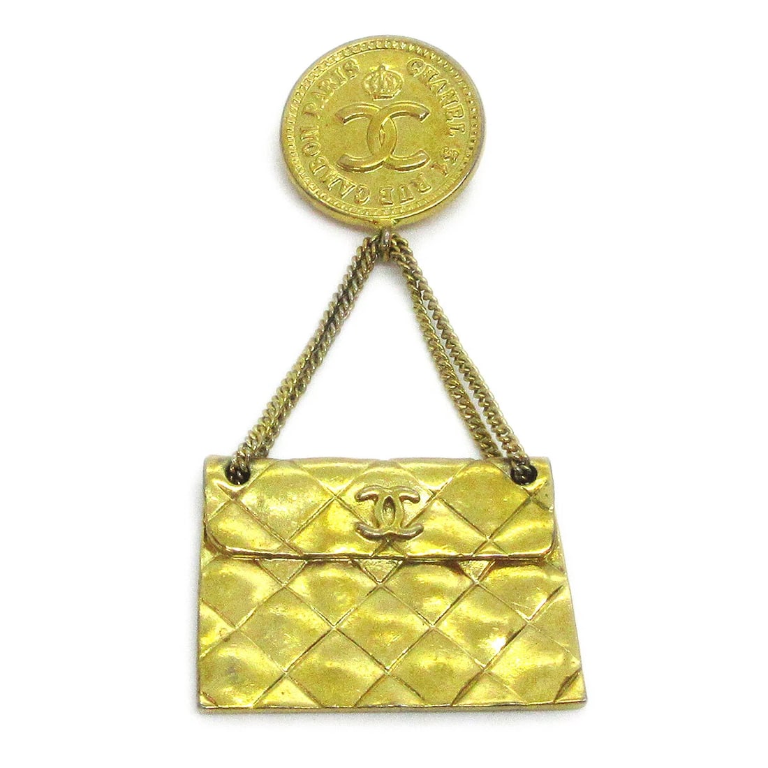 CHANEL BAG BROOCH PIN GOLD: Chanel Bag Brooch Pin Gold Brand: Chanel Type/Style: Brooch Material: Gold-tone, Color: Gold Size: W 3.5 x H 7.5 cm Accessories: None Accessories Notice: When purchasing pre-owned goods, p