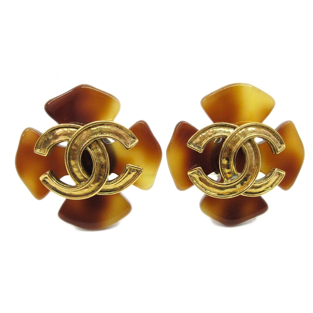 CHANEL ACRYLIC EARRINGS CLIP-ON BROWN: Chanel Acrylic Earrings Clip-On Brown Brand: Chanel Type/Style: Earrings Material: Gold-tone, Acrylic, Color: Gold, Brown Size: W 4.3 x H 4.3 cm Accessories: None Accessories Notice: When