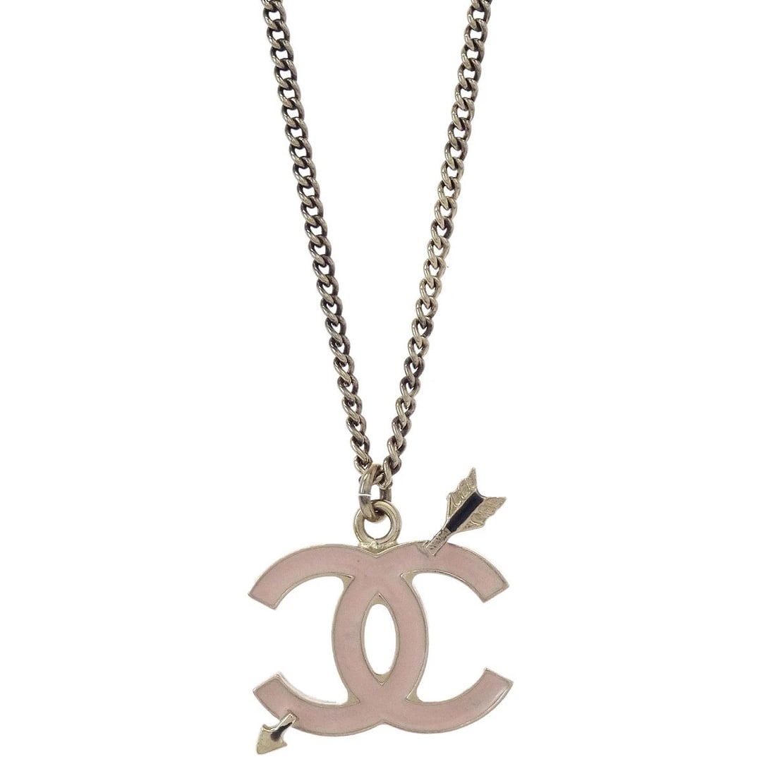 CHANEL GOLD PINK ARROW PENDANT NECKLACE: Chanel Gold Pink Arrow Pendant Necklace Brand: CHANEL Type/Style: Necklace Material: Gold Plated, Color: Gold, Pink Size: Chain(Overall) : 42.0 cm Top : W 2.5 x H 2.5 cm Accessories: None