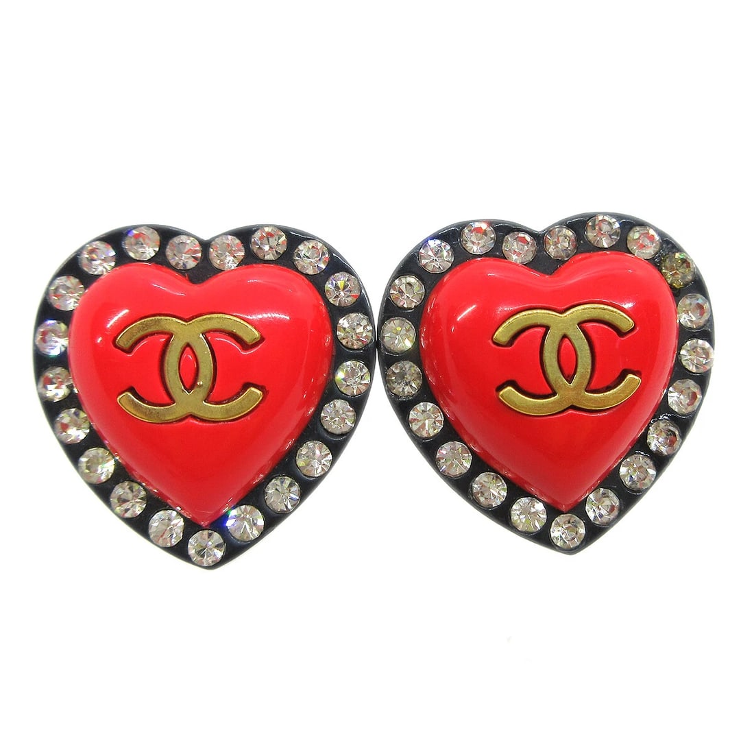 CHANEL HEART RHINESTONE EARRINGS CLIP-ON RED BLACK: Chanel Heart Rhinestone Earrings Clip-On Red Black Brand: CHANEL Type/Style: Earrings Material: Plastic, Gold-tone, Color: Red, Black, Gold Size: W 3.1 x H 3.1 cm Accessories: None Accesso