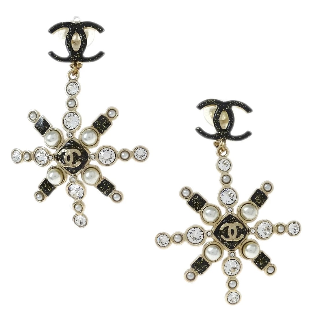 CHANEL SNOWFLAKE DANGLE EARRINGS CLIP-ON GOLD: Chanel Snowflake Dangle Earrings Clip-On Gold Brand: Chanel Type/Style: Earrings Material: Gold Plated, Rhinestone, Color: Gold, Black, White Size: W 3.8 x H 5.2 cm Accessories: None Acces