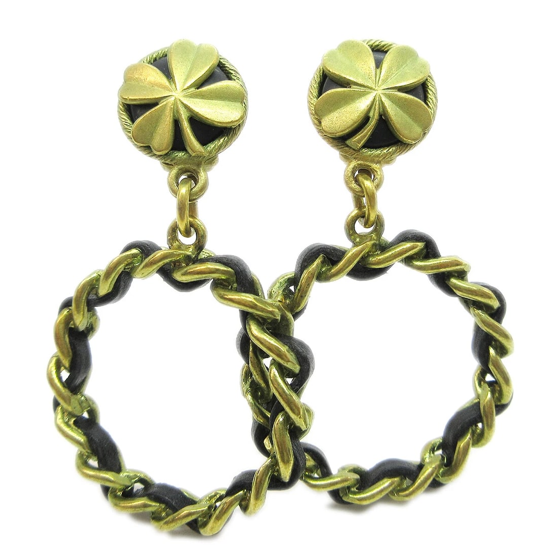 CHANEL HOOP DANGLE EARRINGS CLIP-ON GOLD: Chanel Hoop Dangle Earrings Clip-On Gold Brand: CHANEL Type/Style: Earrings Material: Gold-tone, Leather, Color: Gold, Black Size: W 4.0 x H 6.7 cm Accessories: None Accessories Notice: Wh