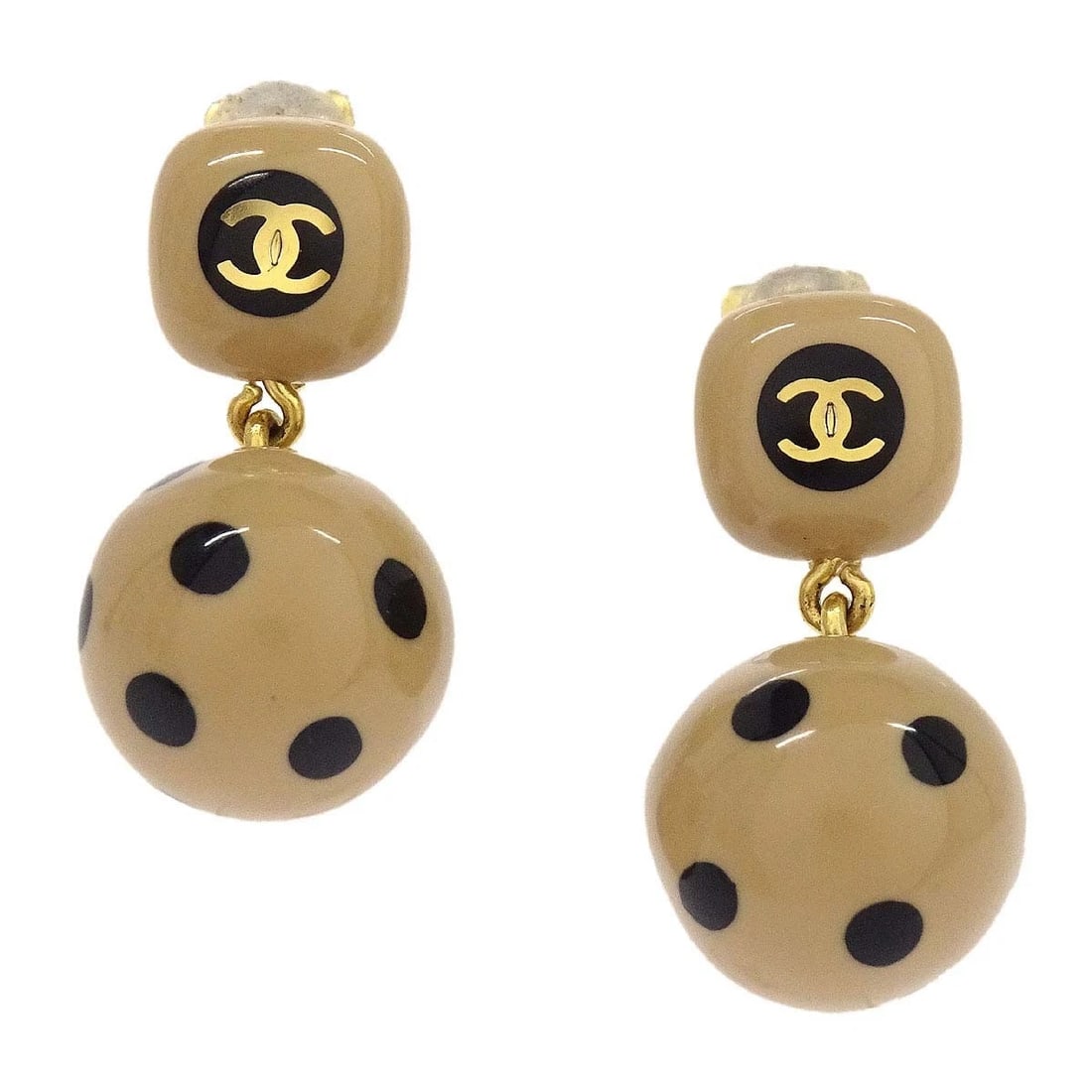 CHANEL DANGLE CLIP-ON EARRINGS GOLD BEIGE: Chanel Dangle Clip-On Earrings Gold Beige Brand: CHANEL Type/Style: Earrings Material: Acrylic, Gold plated, Color: Beige, Gold, Black Size: W 1.5 x H 3.5 cm Accessories: None Accessories Notice: