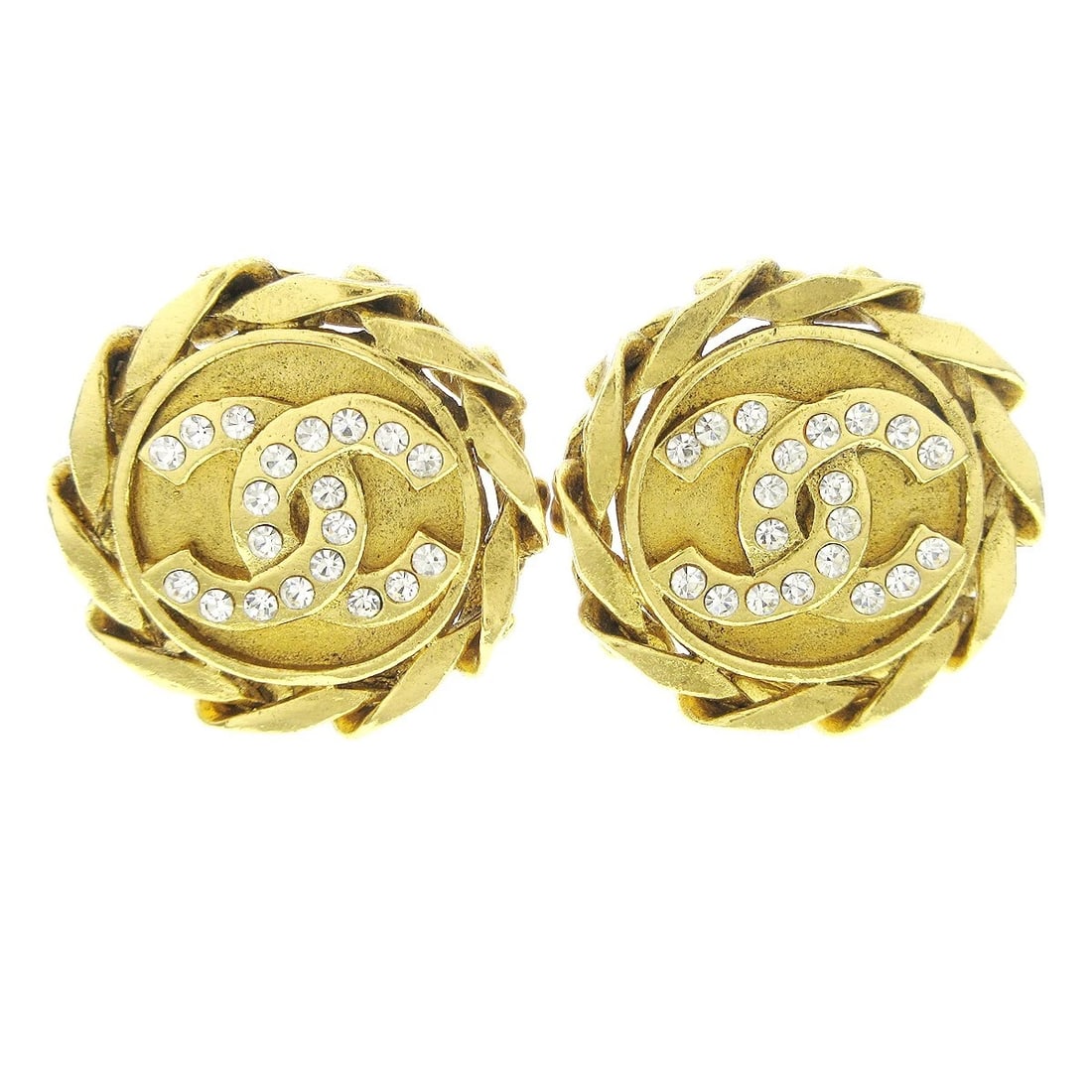 CHANEL RHINESTONE EARRINGS CLIP-ON GOLD: Chanel Rhinestone Earrings Clip-On Gold Brand: CHANEL Type/Style: Earrings Material: Gold-plated, Rhinestone, Color: Gold Size: Diameter : 3.0 cm Accessories: None Accessories Notice: When