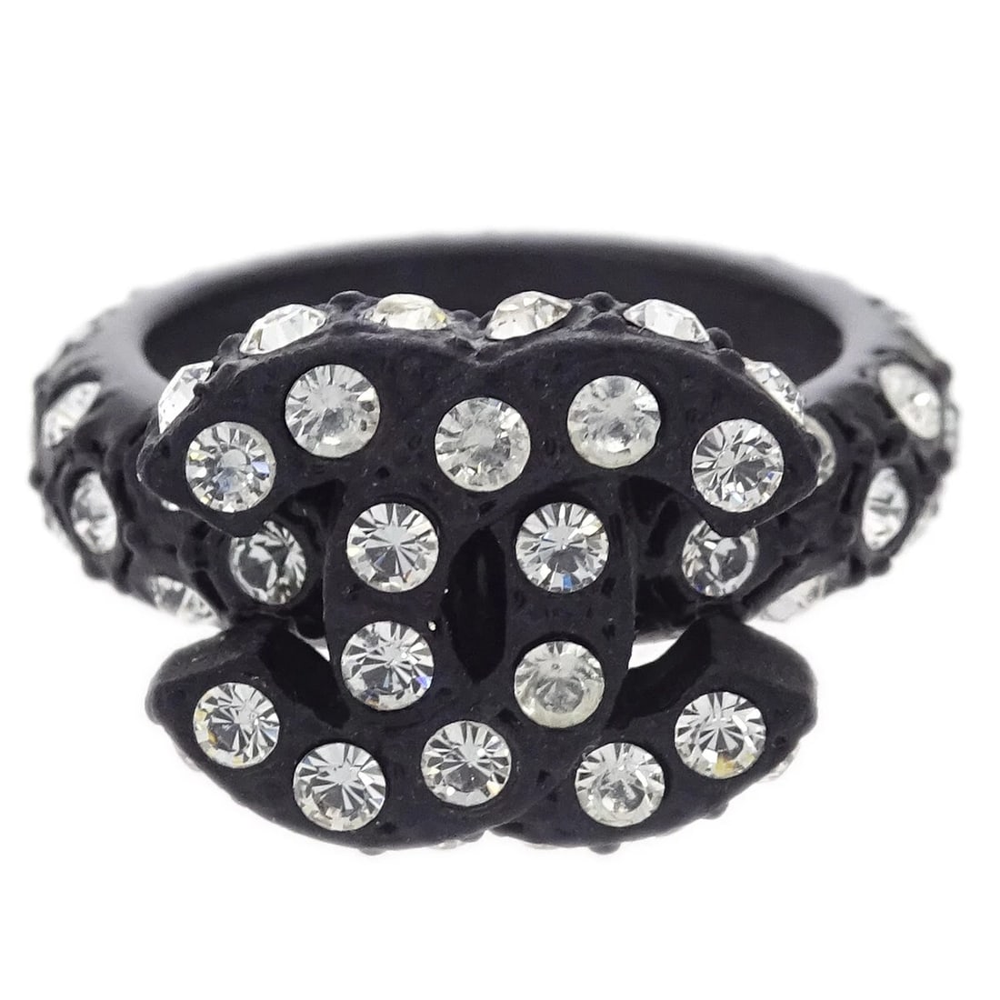 CHANEL RING BLACK RHINESTONE: Chanel Ring Black Rhinestone Brand: Chanel Type/Style: Ring Material: Metal, Color: Black Size: 6.75 - 7 US Accessories: None Accessories Notice: When purchasing pre-owned goods, please refer to the