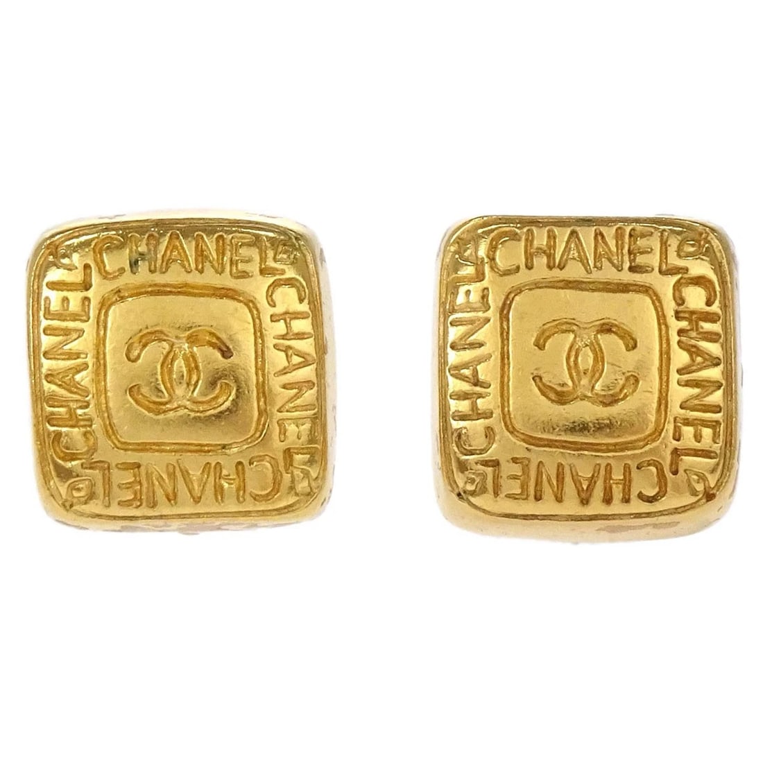 CHANEL SQUARE CLIP-ON EARRINGS GOLD: Chanel Square Clip-On Earrings Gold Brand: CHANEL Type/Style: Earrings Material: Gold plated, Color: Gold Size: W 1.5 x H 1.5 cm Accessories: None Accessories Notice: When purchasing pre-o