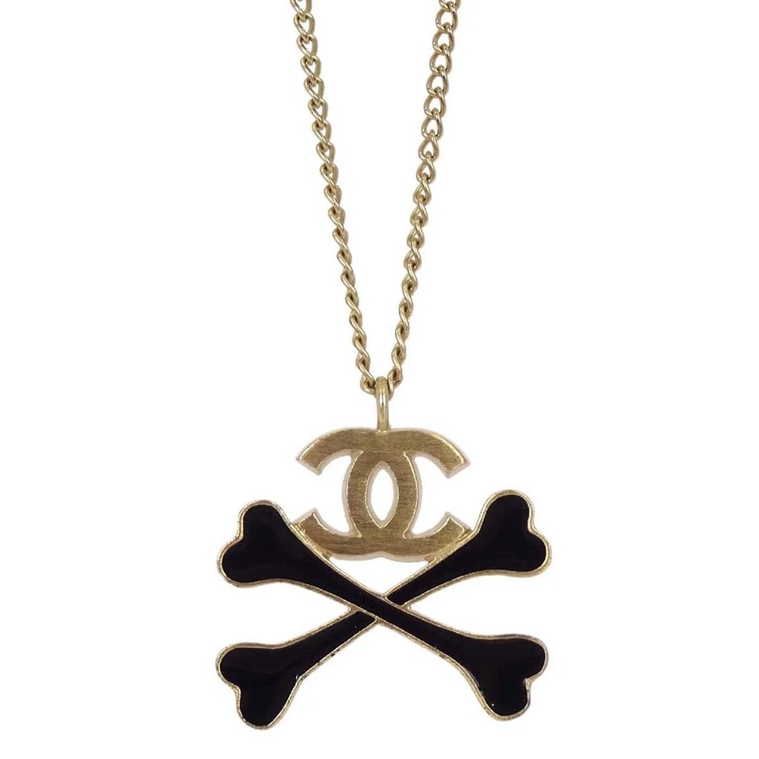 CHANEL GOLD CROSSBONES PENDANT NECKLACE: Chanel Gold Crossbones Pendant Necklace Brand: CHANEL Type/Style: Necklace Material: Gold Plated, Color: Gold, Black Size: Chain(Overall) : 42.0 cm Top : W 2.8 x H 2.5 cm Accessories: None