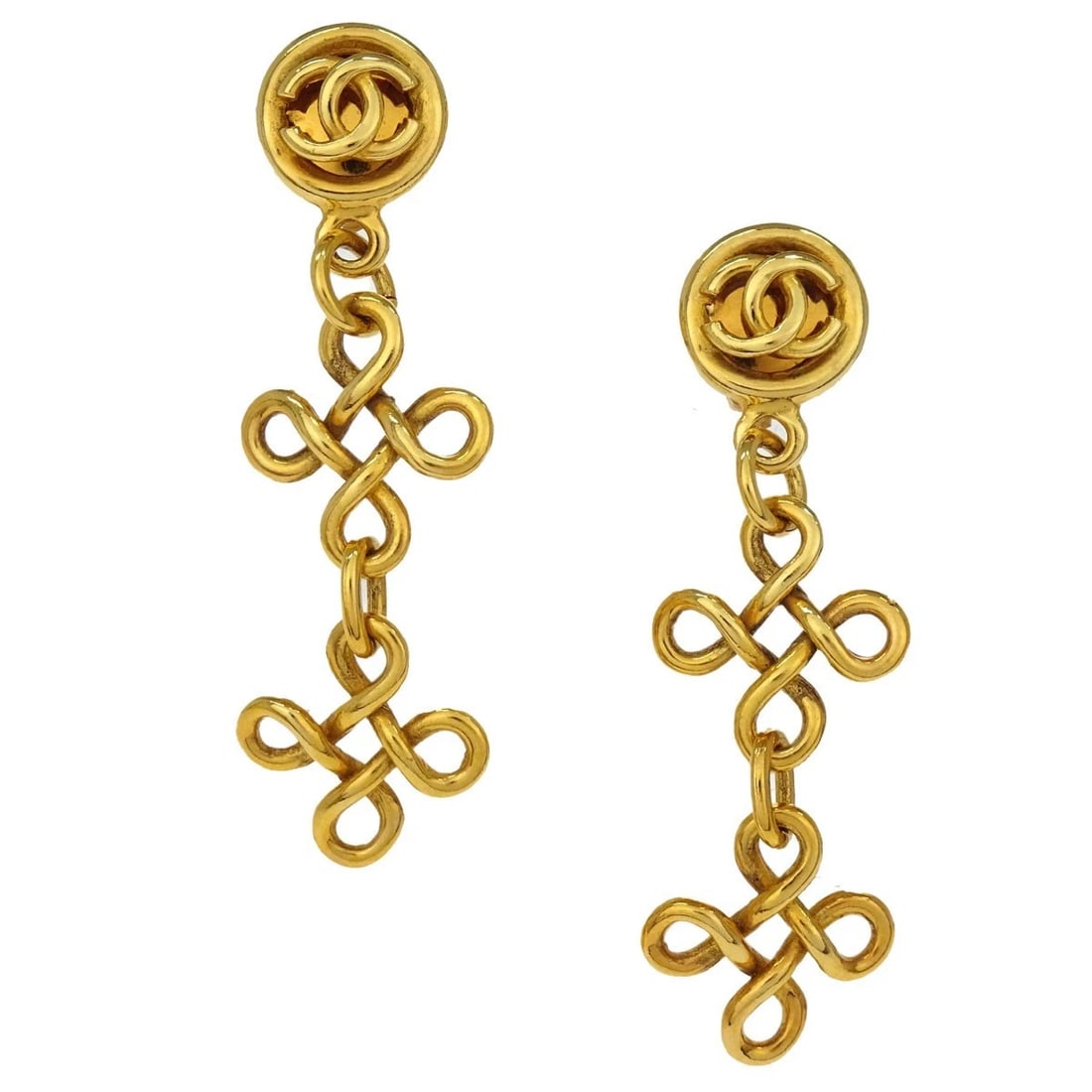 CHANEL DANGLE CROSS CLIP-ON EARRINGS GOLD: Chanel Dangle Cross Clip-On Earrings Gold Brand: CHANEL Type/Style: Earrings Material: Gold Plated, Color: Gold Size: W 2.3 x H 7.7 cm Accessories: None Accessories Notice: When purchasing