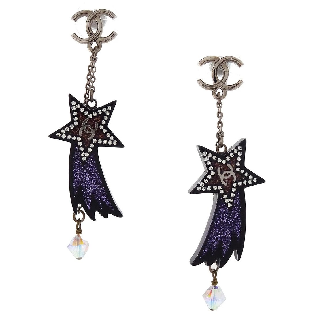 CHANEL STAR DANGLE PIERCED EARRINGS: Chanel Star Dangle Pierced Earrings Brand: CHANEL Type/Style: Earrings Material: Silver Plated, Acrylic, Color: Silver, Black Size: W 2.0 x H 5.5 cm Accessories: None Accessories Notice: W