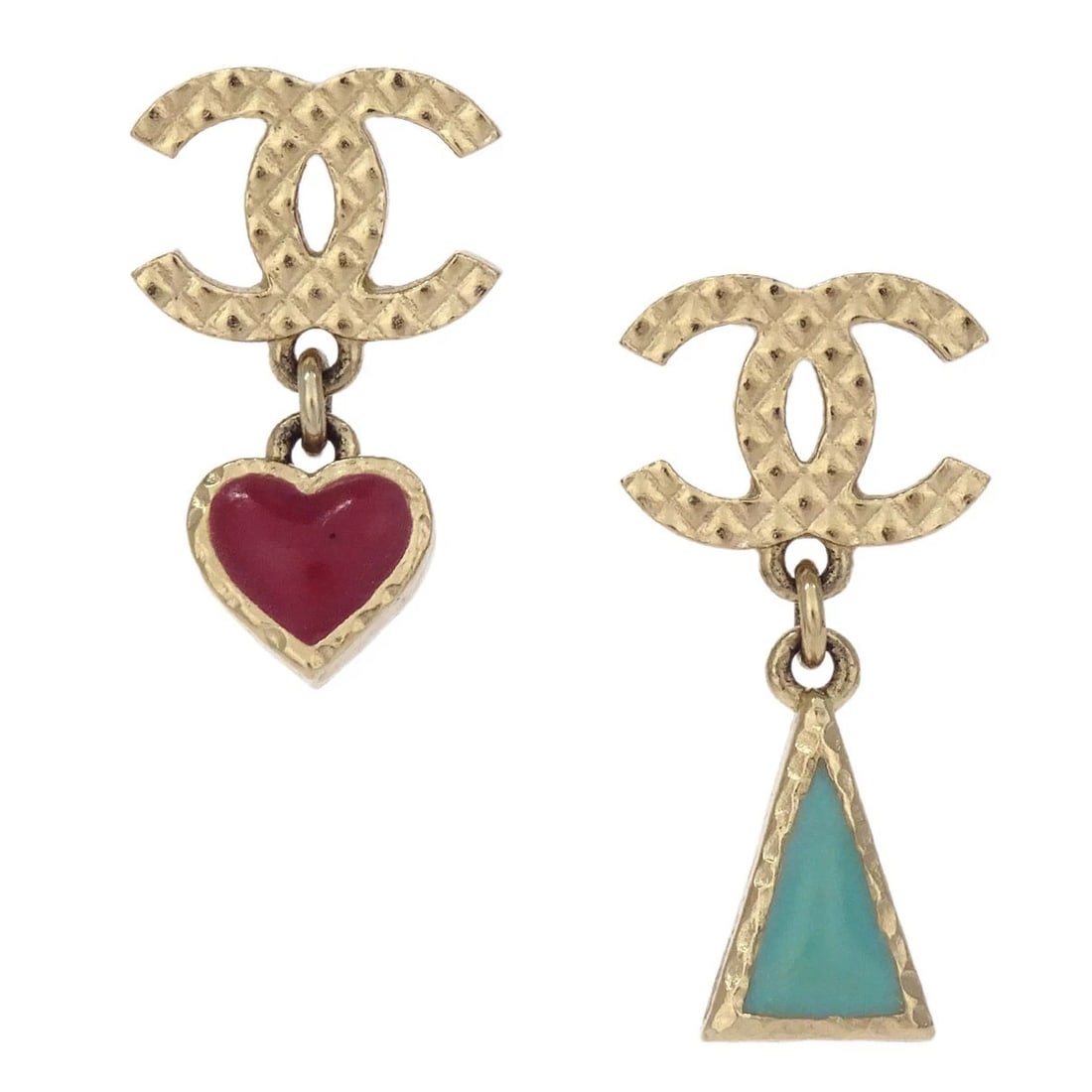 CHANEL DANGLE HEART TRIANGLE PIERCED EARRINGS: Chanel Dangle Heart Triangle Pierced Earrings Brand: CHANEL Type/Style: Earrings Material: Gold Plated, Color: Gold Size: W 1.5 x H 3.0 cm W 1.5 x H 2.5 cm Accessories: None Accessories No