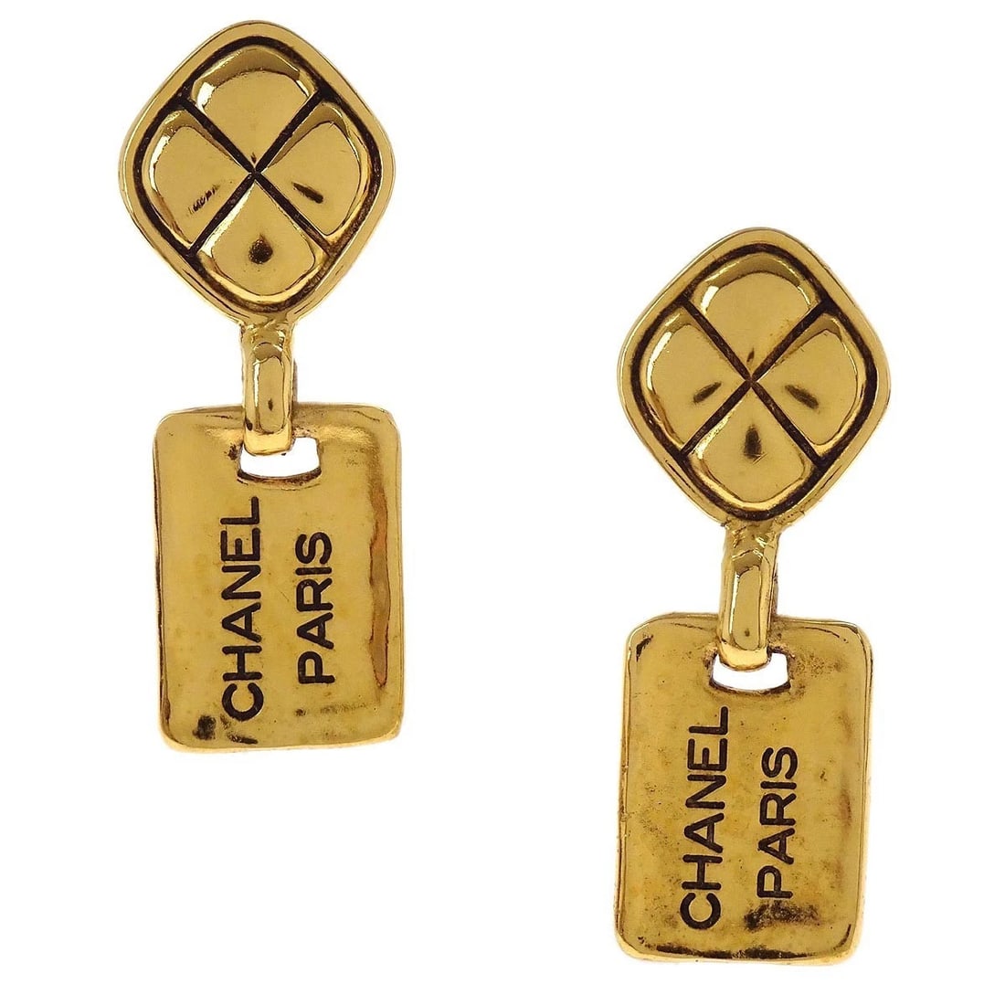 CHANEL DANGLE CLIP-ON EARRINGS: Chanel Dangle Clip-On Earrings Brand: CHANEL Type/Style: Earrings Material: Gold plated, Color: Gold Size: W 2.3 x H 6.1 cm Accessories: None Accessories Notice: When purchasing pre-owned