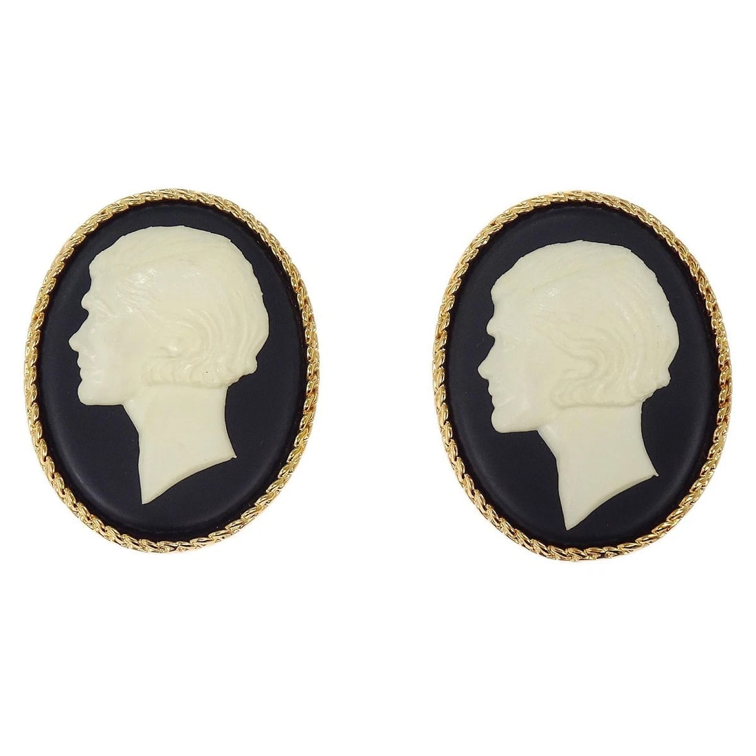 CHANEL CAMEO OVAL CLIP-ON EARRINGS GOLD: Chanel Cameo Oval Clip-On Earrings Gold Brand: Chanel Type/Style: Earrings Material: Gold Plated, Acrylic, Color: Gold, Black Size: W 4.0 x H 5.0 cm Accessories: None Accessories Notice: W