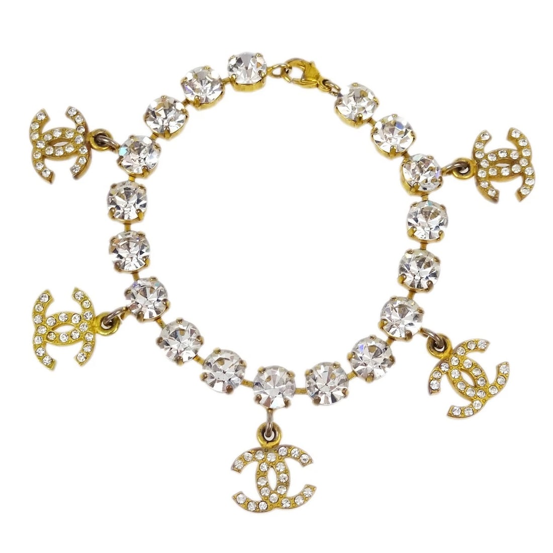 CHANEL RHINESTONE CHAIN BRACELET GOLD: Chanel Rhinestone Chain Bracelet Gold Brand: CHANEL Type/Style: Bracelet Material: Gold-plated, Rhinestone, Color: Gold Size: Inner circumference : 19.0 cm Charm : W 1.5 x H 1.2 cm Accessories: None
