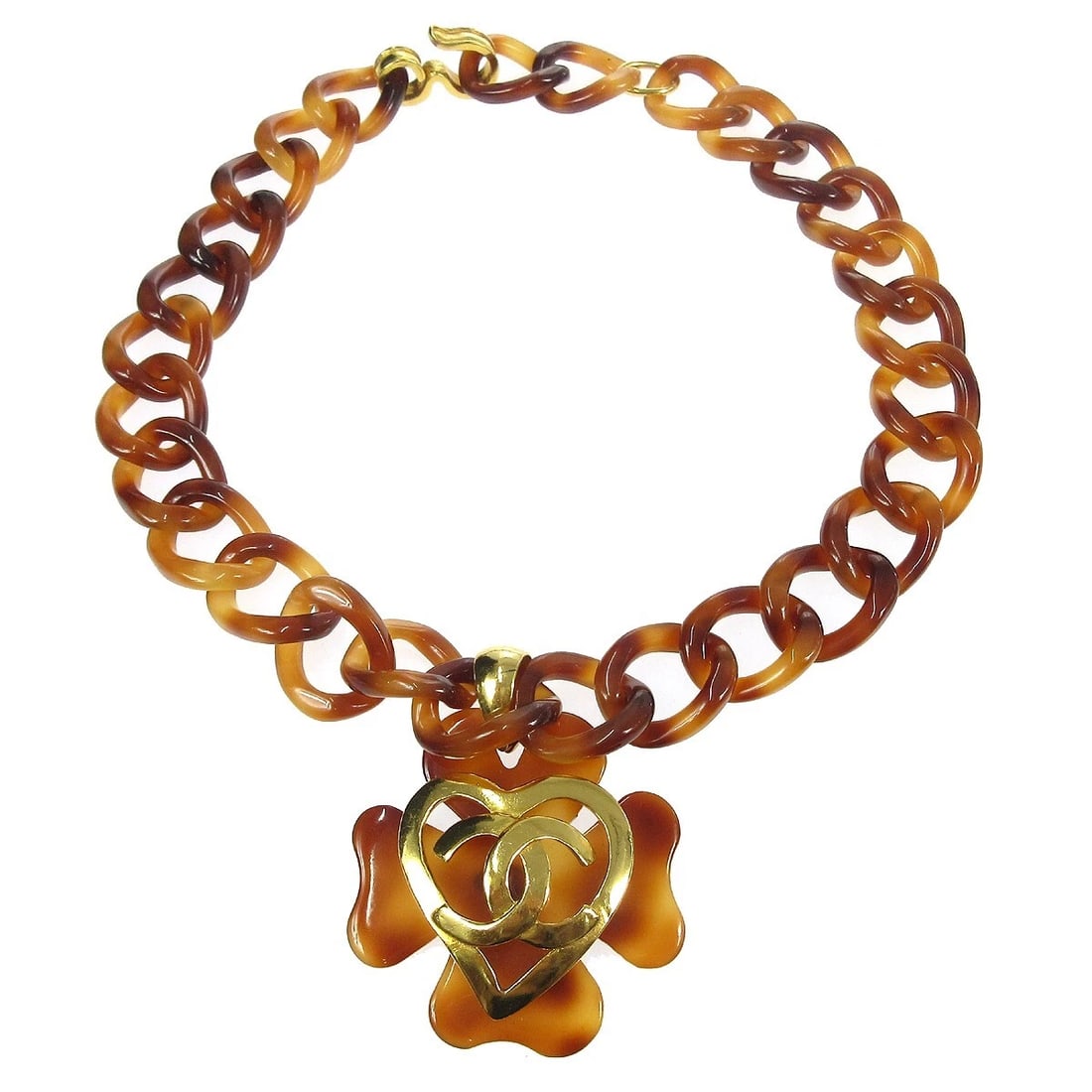CHANEL CLOVER PENDANT NECKLACE ACRYLIC: Chanel Clover Pendant Necklace Acrylic Brand: CHANEL Type/Style: Necklace Material: Gold-plated, Acrylic, Color: Gold, Brown Size: Chain(Overall) : 50.0 cm Charm: W 5.8 x H 7.0 cm Accessories: Non