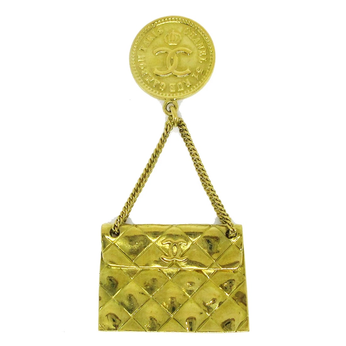 CHANEL BAG BROOCH PIN GOLD: Chanel Bag Brooch Pin Gold Brand: Chanel Type/Style: Brooch Material: Gold-tone, Color: Gold Size: W 3.2 x H 8.0 cm Accessories: None Accessories Notice: When purchasing pre-owned goods, p
