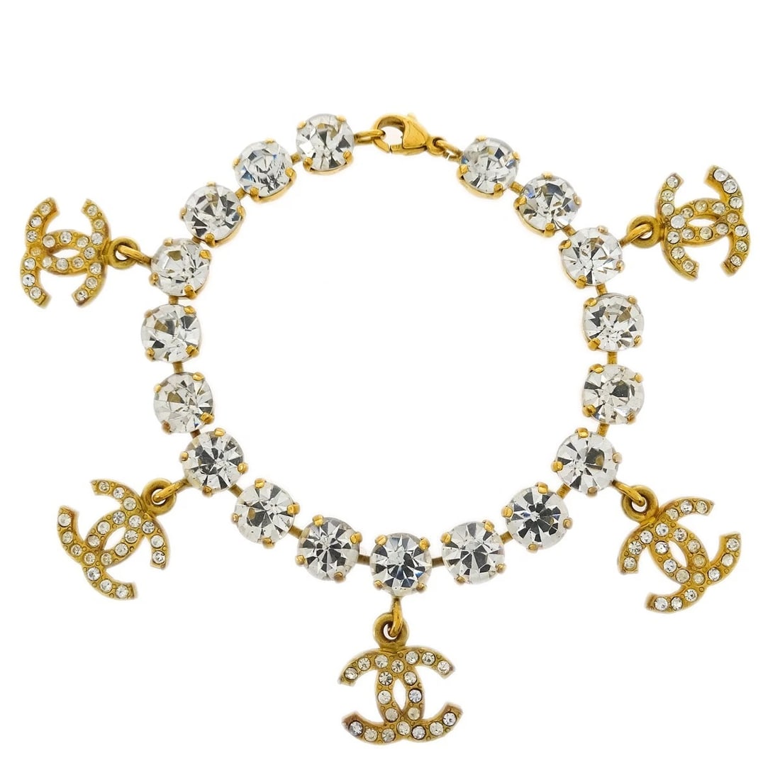 CHANEL RHINESTONE CHAIN BRACELET GOLD: Chanel Rhinestone Chain Bracelet Gold Brand: CHANEL Type/Style: Bracelet Material: Gold-plated, Rhinestone, Color: Gold Size: Inner circumference : 19.0 cm Charm : W 1.5 x H 1.2 cm Accessories: No