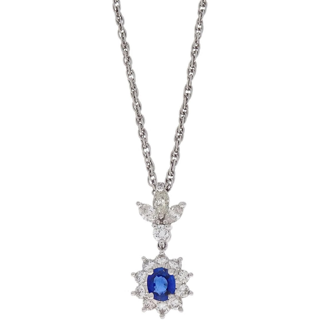 PENDANT NECKLACE PT900 PT850 SAPPHIRE DIAMOND SILVER: Pendant Necklace Pt900 Pt850 Sapphire Diamond Silver Brand: No Brand Type/Style: Necklace Material: Pt900, Pt850, Main Stone Sapphire Color: Silver Size: Chain(Overall) : 40.0 cm Top: W 0.9 x H 1.9 cm