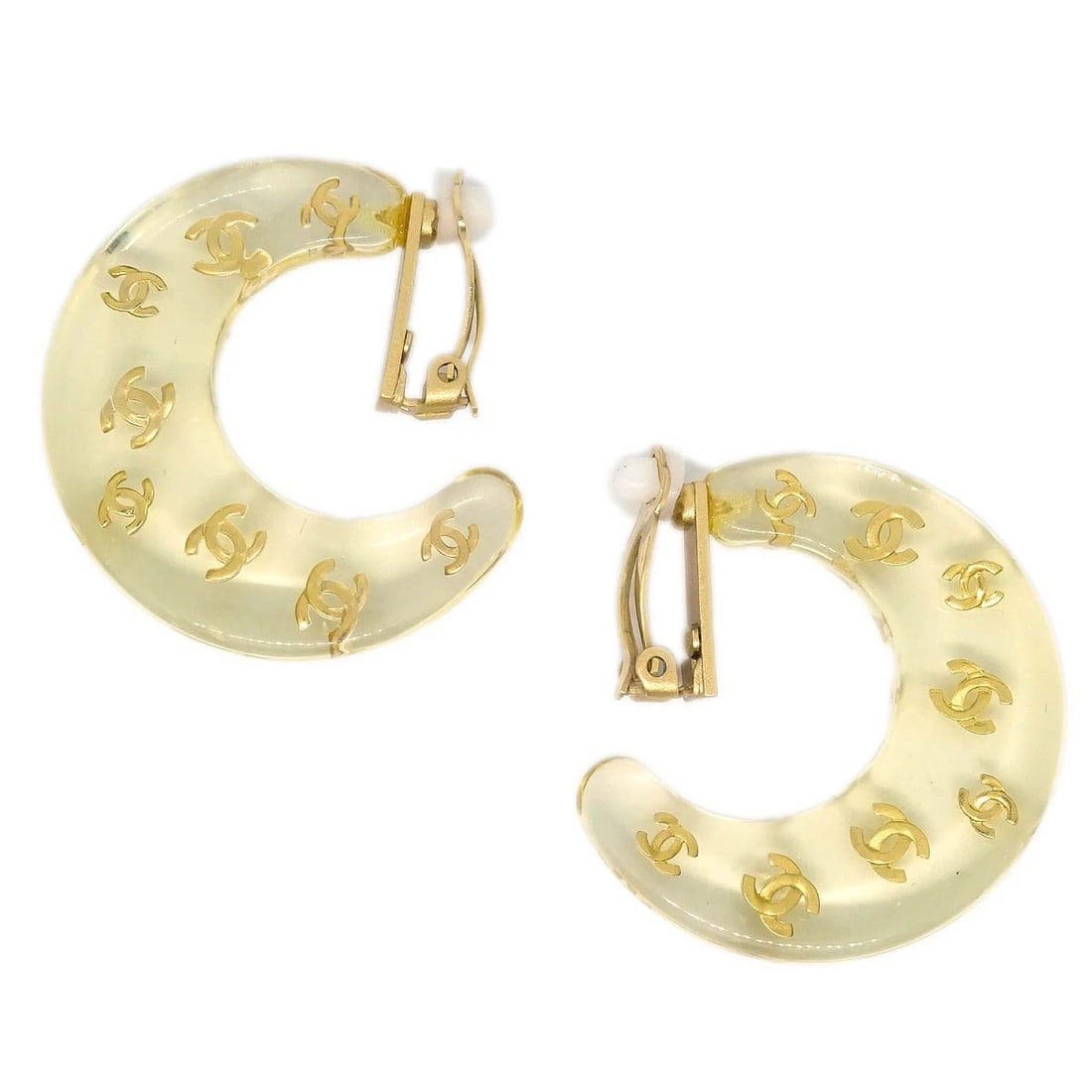 CHANEL HOOP CRESCENT MOON EARRINGS CLIP-ON GOLD: Chanel Hoop Crescent Moon Earrings Clip-On Gold Brand: CHANEL Type/Style: Earrings Material: Gold Plated, Acrylic, Color: Gold, Clear Size: W 0.9 x H 4.2 x D 4.2 cm Accessories: None Acces