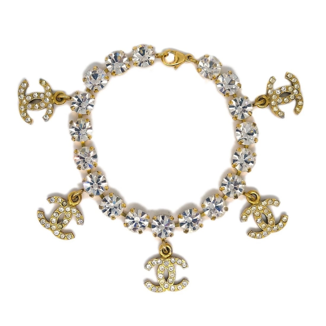 CHANEL RHINESTONE CHAIN BRACELET GOLD: Chanel Rhinestone Chain Bracelet Gold Brand: CHANEL Type/Style: Bracelet Material: Gold-plated, Rhinestone, Color: Gold Size: Inner circumference : 19.0 cm Charm : W 1.5 x H 1.2 cm Accessories: No