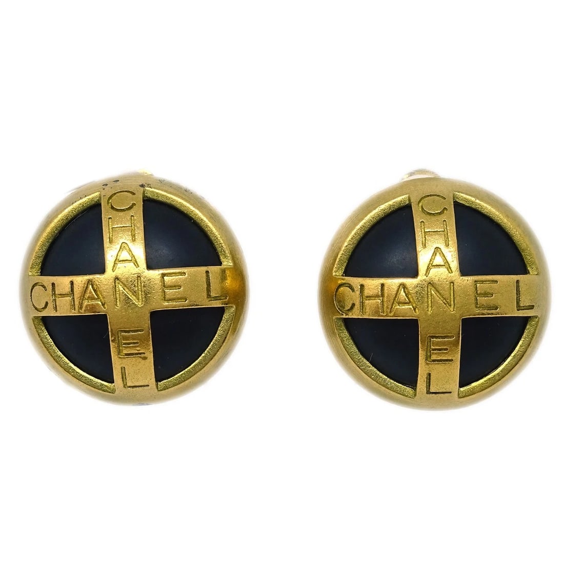 CHANEL GOLD BUTTON EARRINGS CLIP-ON: Chanel Gold Button Earrings Clip-On Brand: CHANEL Type/Style: Earrings Material: Acrylic, Gold plated, Color: Black, Gold Size: Diameter: 2.0 cm Accessories: None Accessories Notice: When