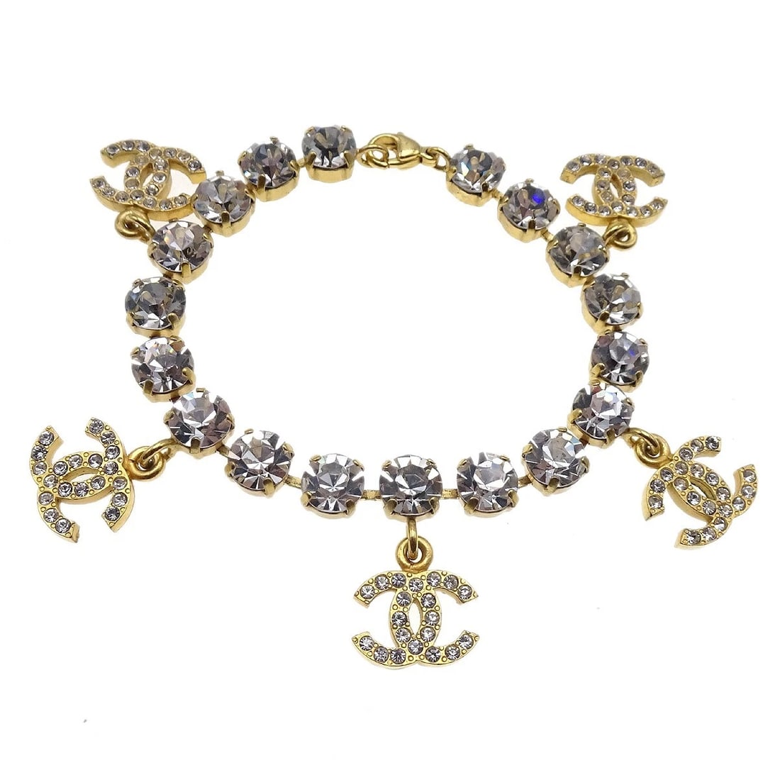 CHANEL RHINESTONE GOLD CHAIN BRACELET: Chanel Rhinestone Gold Chain Bracelet Brand: CHANEL Type/Style: Bracelet Material: Gold-plated, Rhinestone, Color: Gold Size: Inner circumference : 19.5 cm Charm : W 1.5 x H 1.2 cm Accessories: No