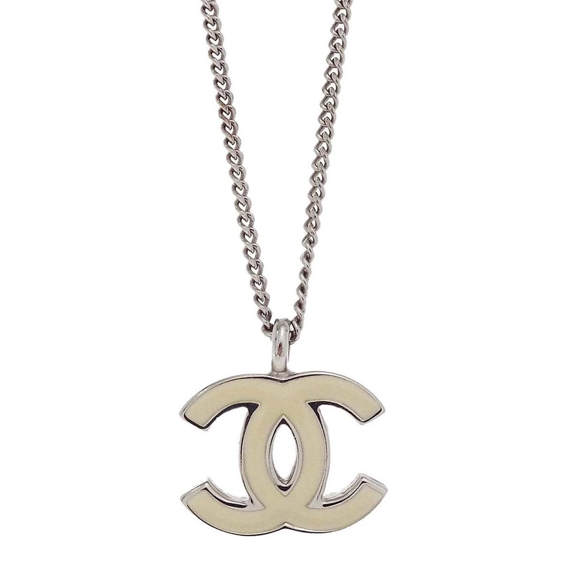 CHANEL CHAIN NECKLACE SILVER WHITE: Chanel Chain Necklace Silver White Brand: CHANEL Type/Style: Pendant Material: Silver Plated, Color: Silver, White Size: Chain(Overall) : 41.0 cm Charm : W 1.8 x H 1.2 cm Accessories: None