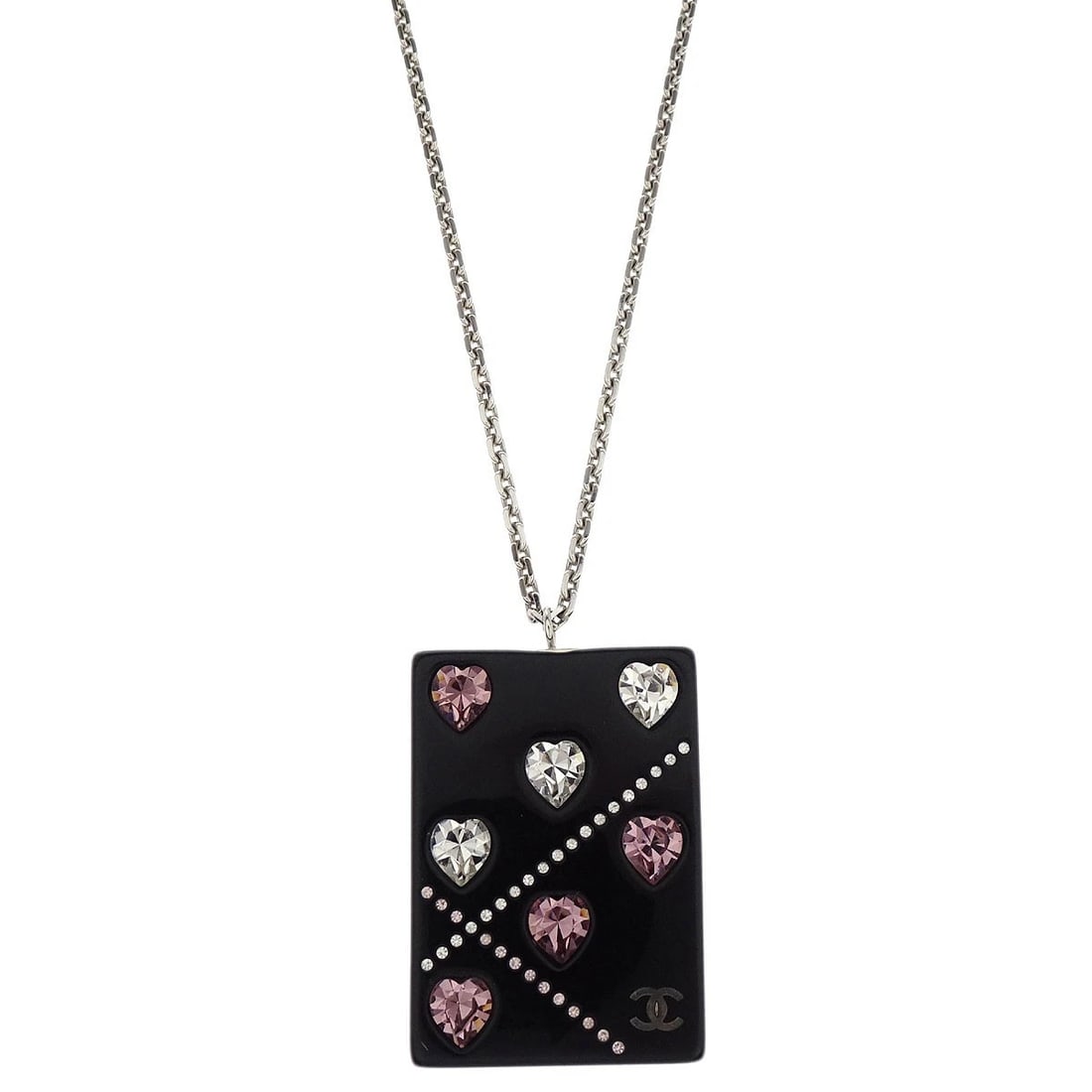 CHANEL SILVER ACRYLIC RECTANGLE PENDANT NECKLACE: Chanel Silver Acrylic Rectangle Pendant Necklace Brand: CHANEL Type/Style: Necklace Material: Silver Plated, Acrylic, Rhinestone, Color: Silver, Black Size: Chain(Overall) : 61.0 cm Top : W 2.9 x H 4.