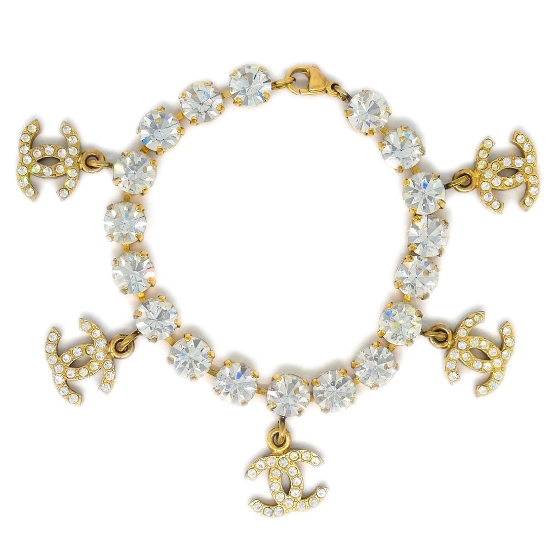 CHANEL RHINESTONE CHAIN BRACELET GOLD: Chanel Rhinestone Chain Bracelet Gold Brand: CHANEL Type/Style: Bracelet Material: Gold-plated, Rhinestone, Color: Gold Size: Inner circumference : 19.0 cm Charm : W 1.5 x H 1.2 cm Accessories: No