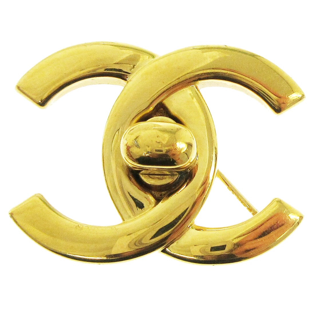 CHANEL TURNLOCK BROOCH PIN GOLD: Chanel Turnlock Brooch Pin Gold Brand: Chanel Type/Style: Brooch Material: Gold-tone, Color: Gold Size: W 3.8 x H 2.9 cm Accessories: None Accessories Notice: When purchasing pre-owned goo
