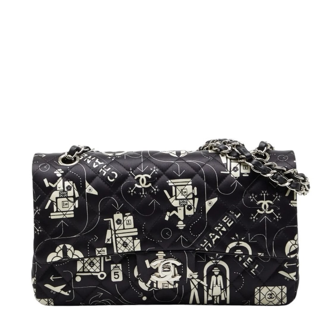 CHANEL AIRLINE MATELASSE 25 DOUBLE FLAP CHAIN SHOULDER BAG: CHANEL Airline Matelasse 25 Double Flap Chain Shoulder Bag Brand: Chanel Type/Style: Shoulder bag Material: Satin , Leather Color: Black, White Size: (HxWxD) 15.5cm x 25cm x 6.5cm / 6.1'' x 9.84'' x 2